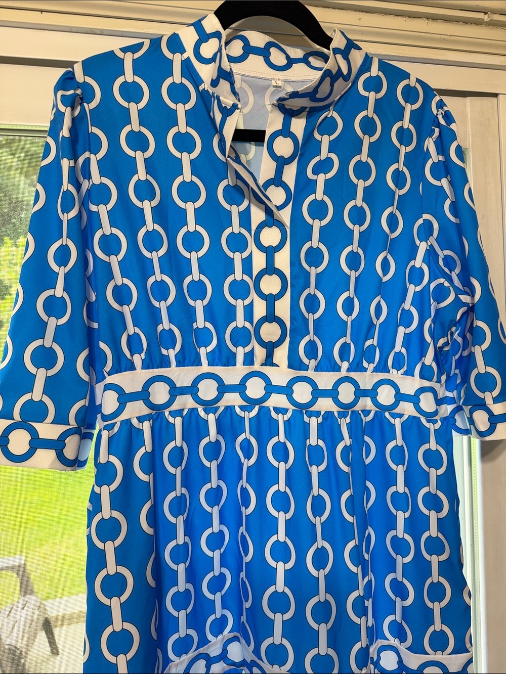 Bright Blue/White Chain-Print Tiered Lightweight Maxi Dress, Large - Picture 2 of 7